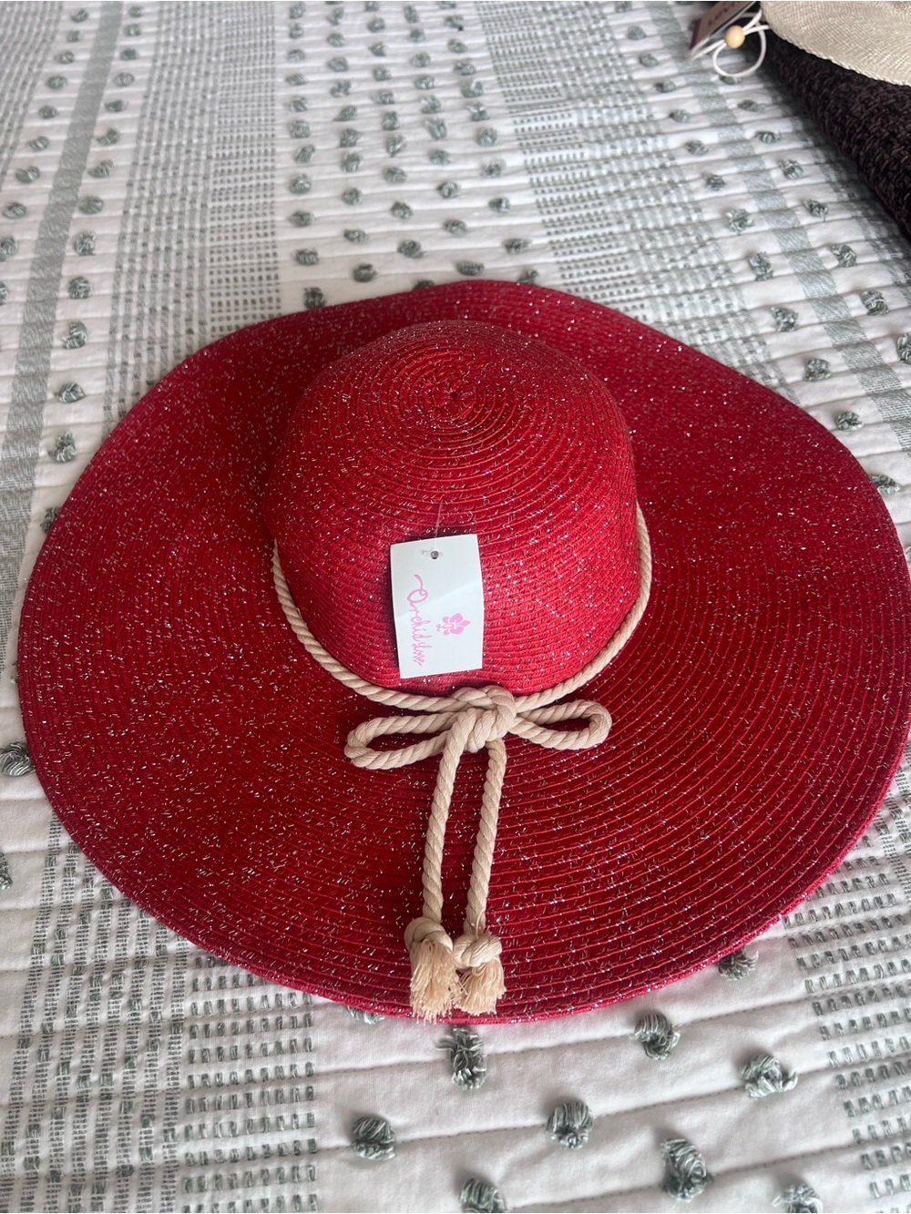 Women's Red Wide-Brim Straw Hat with Rope Bow